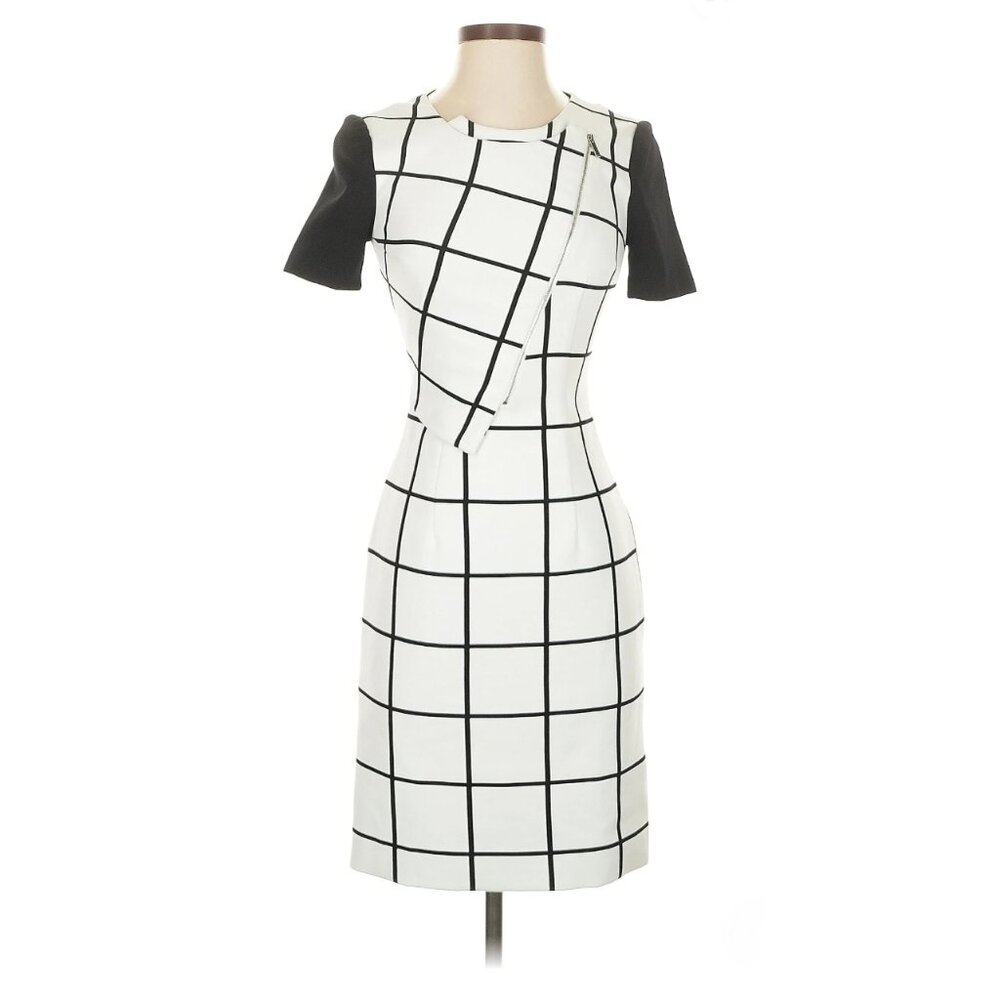 Karen Millen Black White Zip Graphic Check Business Dress